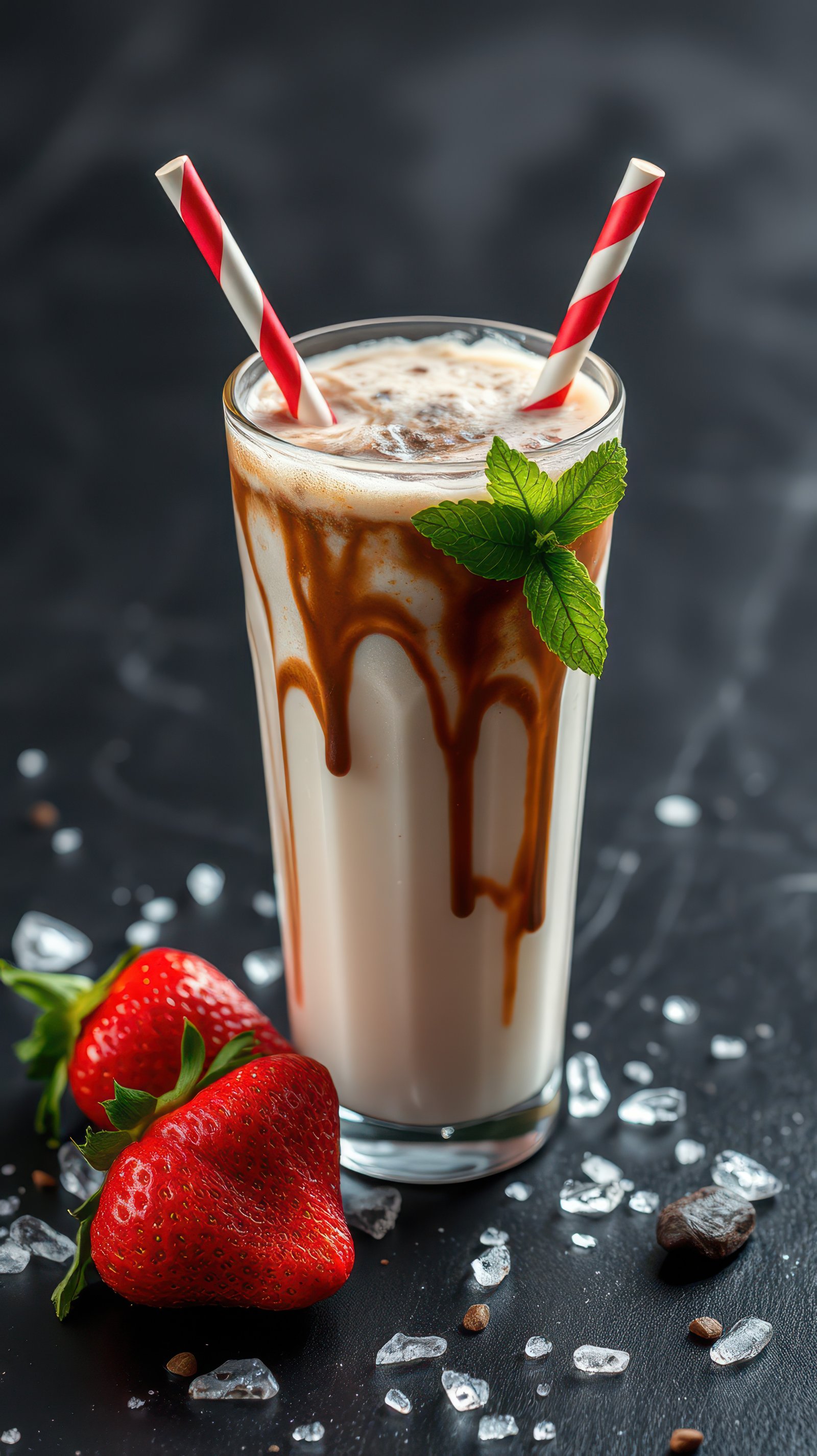 Refreshing chocolate milkshake topped with mint and served with fresh strawberries on a dark surface